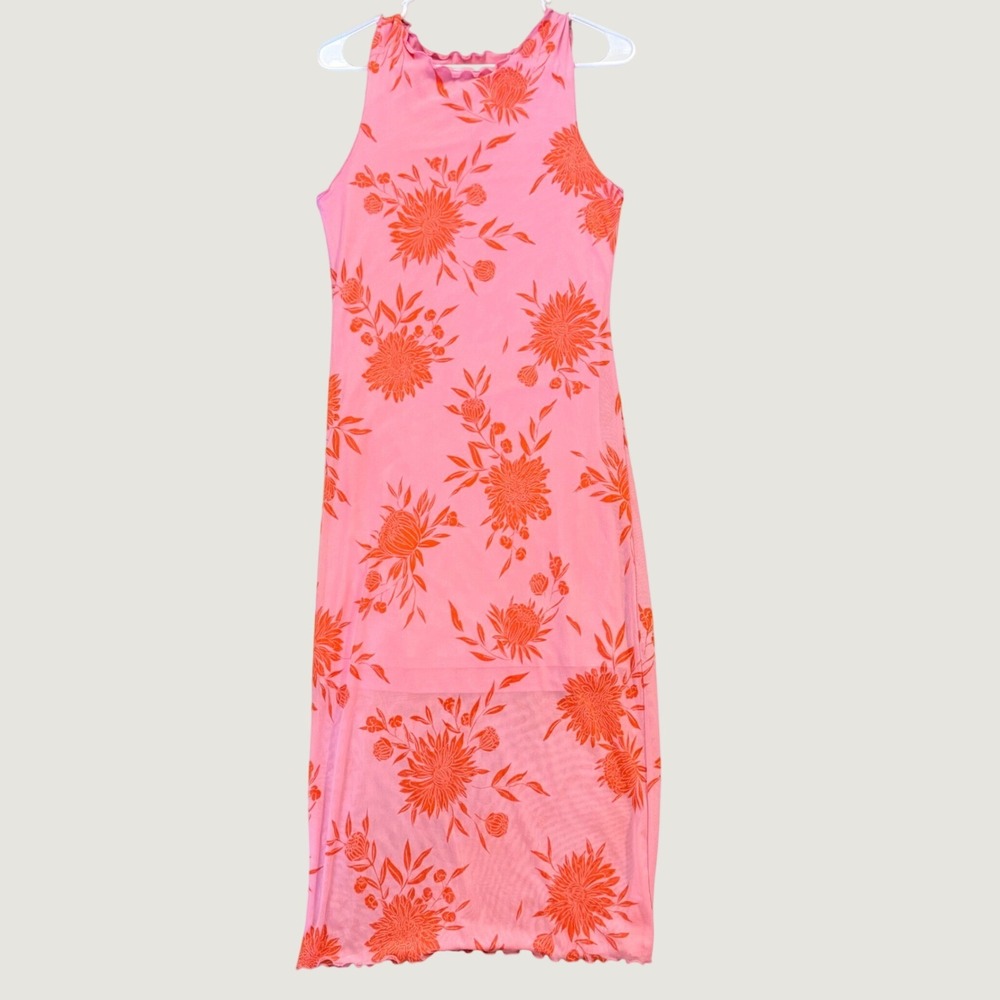 Pink Orange Floral Mesh Sleeveless Maxi Dress XL Lettuce Edge Trim